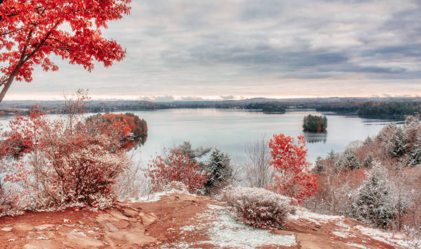 Muskoka Scenic Landscape With Light Snow and Frost stock photo