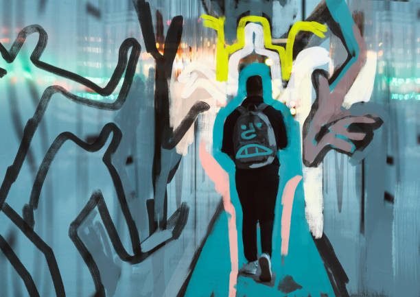 ilustrações de stock, clip art, desenhos animados e ícones de spooky drawing silhouette people around guy, painting on photography and mix-media, illustration, realism and abstraction. artistic oil painting with harmonious color. illustration for print - hip hop illustrations