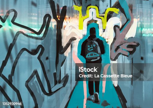 istock Spooky drawing silhouette people around guy, painting on photography and mix-media, illustration, realism and abstraction. Artistic oil painting with harmonious color. Illustration for print 1352930946
