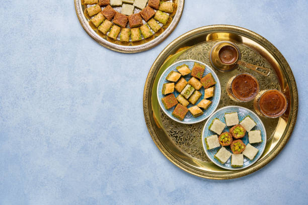 istock Oriental sweets with traditional turkish coffee. Ramadan dessert. Top view, copy space 1352931352