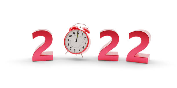 istock Year 2022 in three dimensions with clock isolated on white background. New year concept. 3d illustration. 1352931476