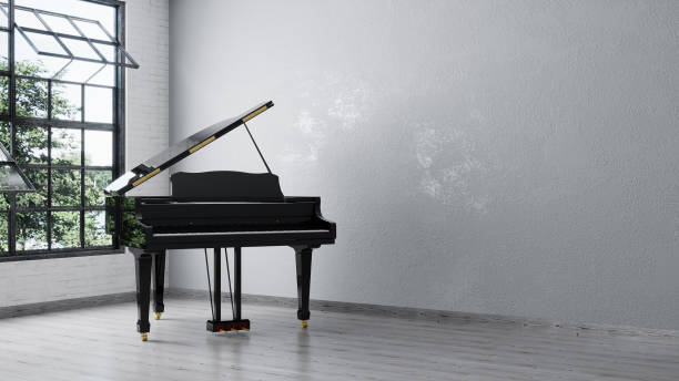 pianoforte a coda nero vicino alla parete bianca nella stanza vuota. rendering 3d - pianoforte foto e immagini stock