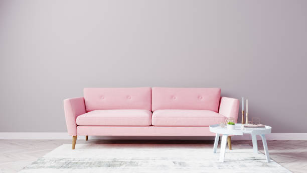 istock Pink sofa and white coffee table on empty white wall background, bright living room interior mock up, 3d rendering 1352931537