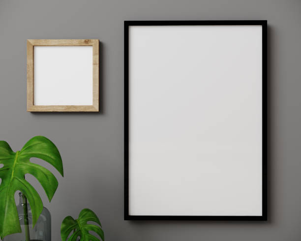 istock Black vertical and wooden square blank empty frames on gray wall background with green plants, 3d rendering 1352931553