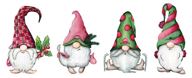 Set of watercolor Christmas gnomes in cartoon style. Illustration for a New Year's card or print.