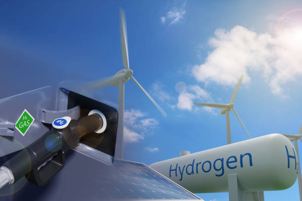 istock Car charging hydrogen and hydrogen generating plant. Double exposure. Sustainable and ecological energy concept. 3d illustration. 1352932335
