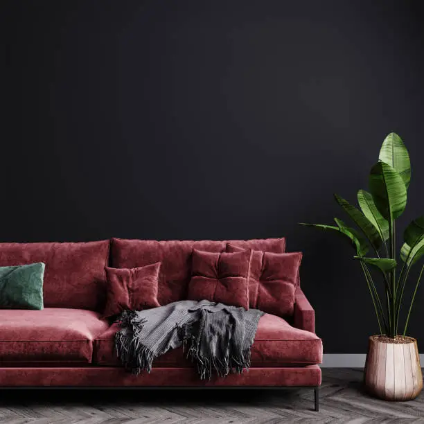 Photo of Modern living room luxury interior design mock up with dark red sofa and plant, empty dark gray wall mockup, living room interior background, 3d rendering