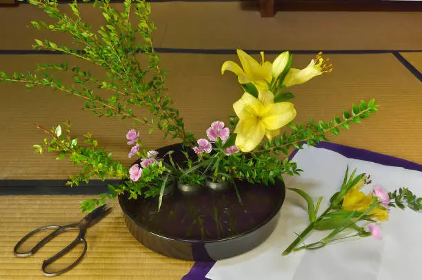 Japanese styled flower arrangement in the Japanese traditional room