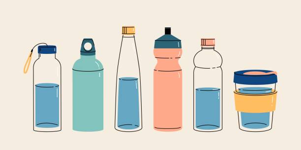 Take your water bottle. Refillable glass, plastic or metal bottles. Take your water bottle. Refillable glass, plastic or metal bottles. Vector illustration in trendy style. Zero waste concept, reasonable consumption, zero plastic. blue reusable water bottle stock illustrations