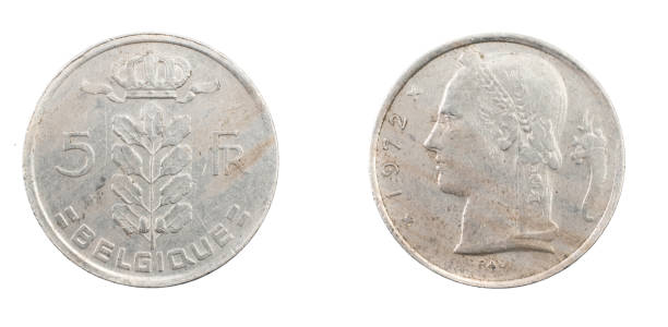 istock Belgium five francs coin on white isolated background 1352933845