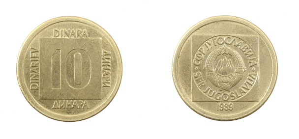 Yugoslav ten dinar coin on white isolated background