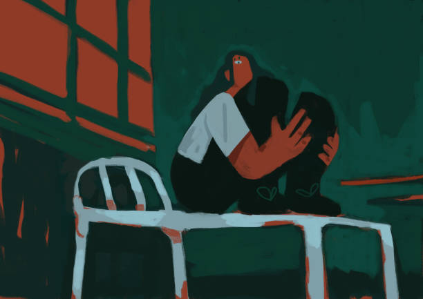 istock Tearful Desperate girl alone in her poor dark room with only a bed expressionism painting, illustration, painting graffiti and mix media. Artistic acrylic painting with contrasting color. 1352934062