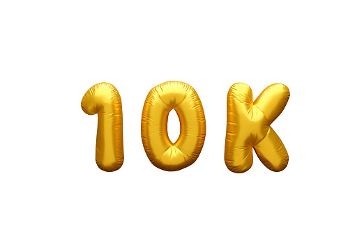 10k followers, golden balloon effect. Party decoration with 10k gold balloons. Realistic 3d festive illustration. 3d rendering.