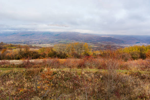 istock Mountain and meadow on a cold cloudy autumn day 1352936697
