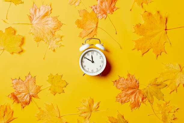 istock White alarm clock with maple leaves around on yellow background. 1352940393