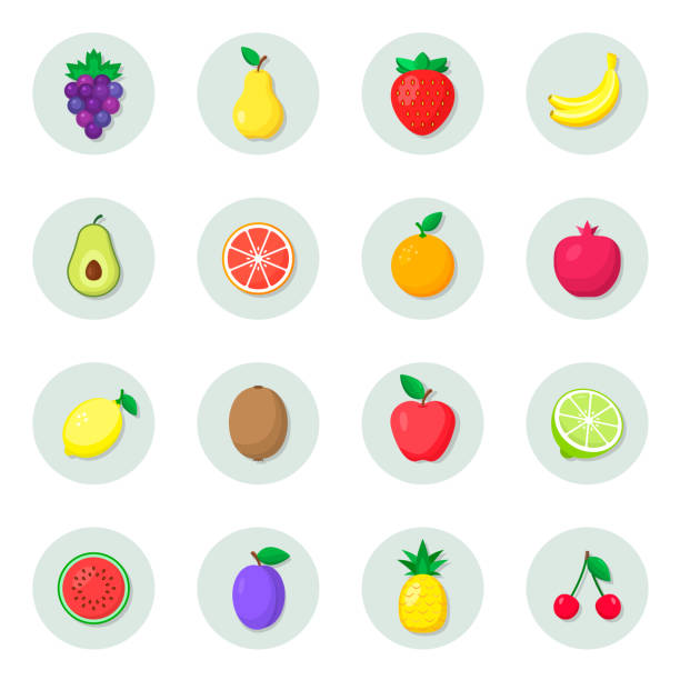 ilustraciones, imágenes clip art, dibujos animados e iconos de stock de conjunto de logotipos de iconos de frutas, color vectorial diferente colección de símbolos aislados de frutas - plum grape fruit clip art