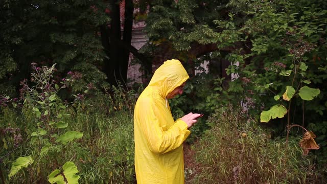 A man in raincoat walking in forest garden