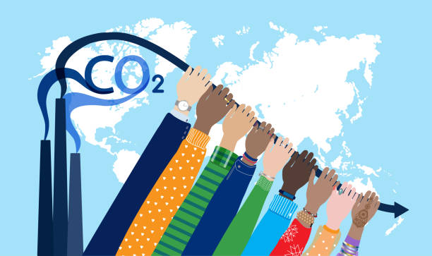 ilustraciones, imágenes clip art, dibujos animados e iconos de stock de reduzcamos juntos la contaminación por co2 - global warming