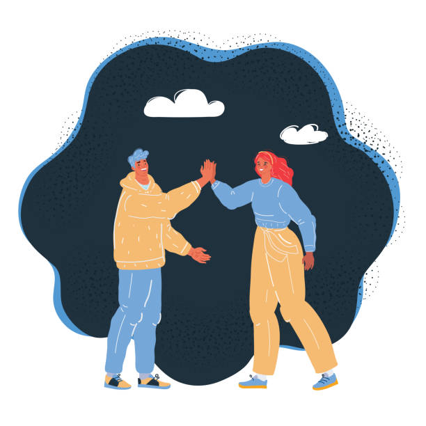 istock Vector illustration of man and woman give five on dark backround. Good team work. 1352945930