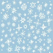 istock Hand drawn snowflakes blue background. Can be used as a seamless pattern. Not one crystal in a set is repeated. 1352949510
