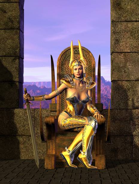 The Warrior Queen on the throne with sword, window with Mountain and Sky, 3d illustration