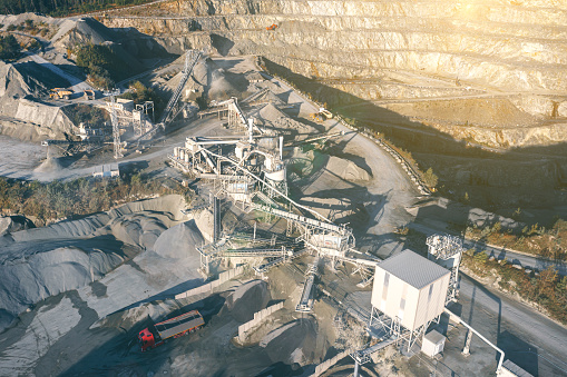Crushing and screening plant for processing and sorting crushed stone, sand and gravel. View from above