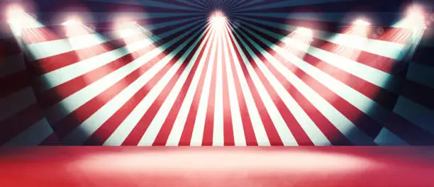 Photo of Abstract red sunlight horizontal background. Grunge circus vintage background. Paper cut circus panel. 3d illustration