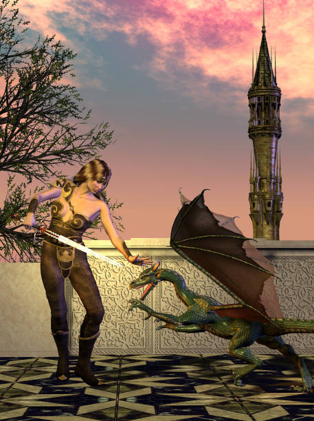 istock fantasy Warrior woman fighting with a Little dragon in a Castle, 3d rendering 1352953237