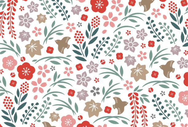 Japanese flowers and plants pattern Japanese flowers and plants pattern flower backgrounds cherry blossom spring stock illustrations