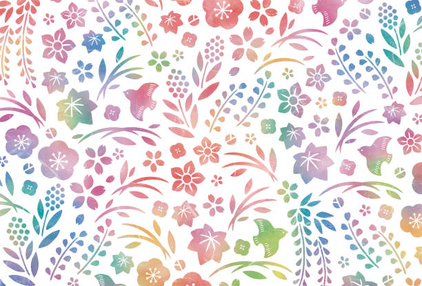 bildbanksillustrationer, clip art samt tecknat material och ikoner med japanese flowers and plants pattern watercolor - fyra årstider illustrationer