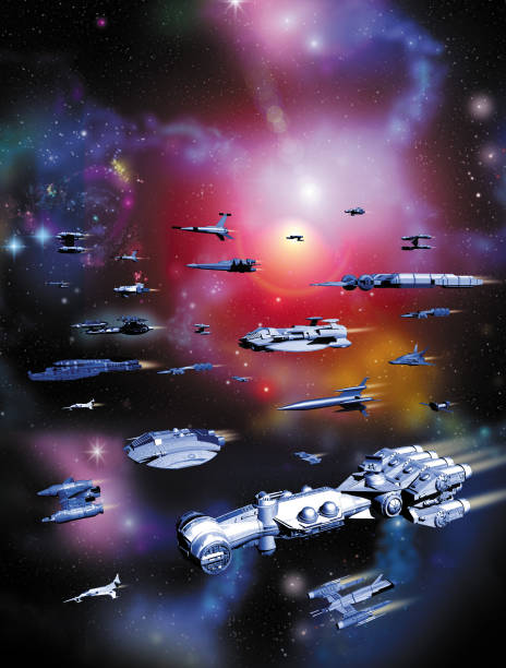 istock background with space and starships fleet, 3d illustration, space adventures 1352956579