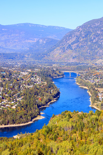 View of the Columbia River and Selkirk Mountains in Castlegar, West Kootenay, British Columbia, Canada.