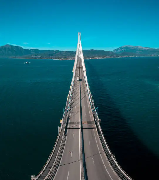 Photo of Aerial panoramic photo of the multi-span cable-stayed bridge crossing the Gulf of Corinth between Rio on the Peloponnese peninsula and Antirrio on mainland Greece