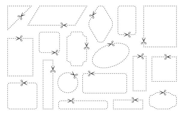 ilustrações, clipart, desenhos animados e ícones de bordas de cupom vazios linhas pontilhadas finas definidas - coupon scissors sale frame