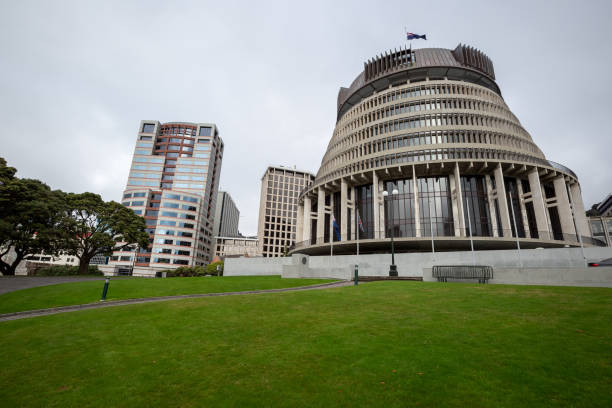 Beehive and Parliment Building of New Zealand Wellington, New Zealand - 22 April, 2015: Exterior view of New Zealand parliament building in Wellington city. beehive new zealand stock pictures, royalty-free photos & images