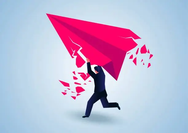 Vector illustration of Broken dreams and hopes, the paper airplane held up by the businessman's hand slowly shattered