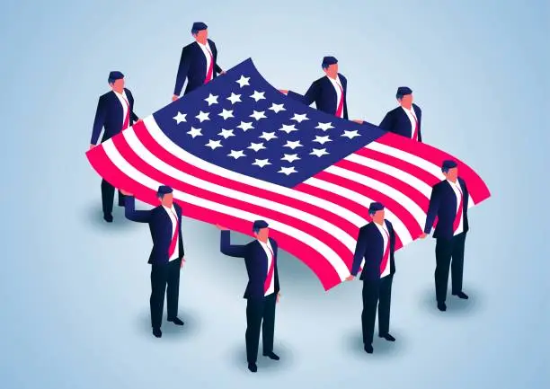 Vector illustration of Business team moving a huge American flag together.