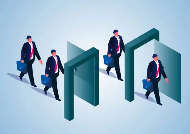 Vector illustration of Isometric businessman walks in and out of the door, promotion and dismissal, success and failure.