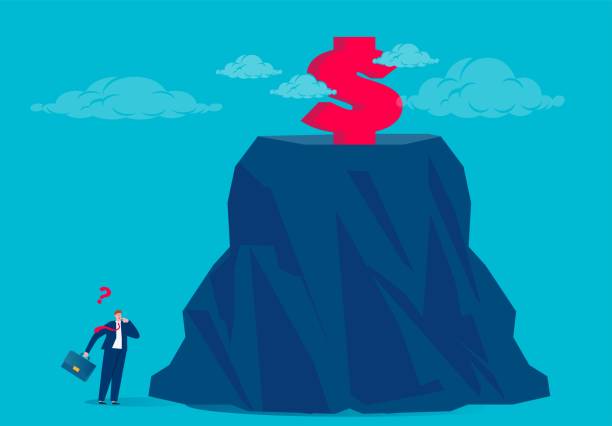 biznesmen patrzący na znak dolara na szczycie ogromnego pasma górskiego, ilustracja koncepcji biznesowej - cliff finance risk uncertainty stock illustrations