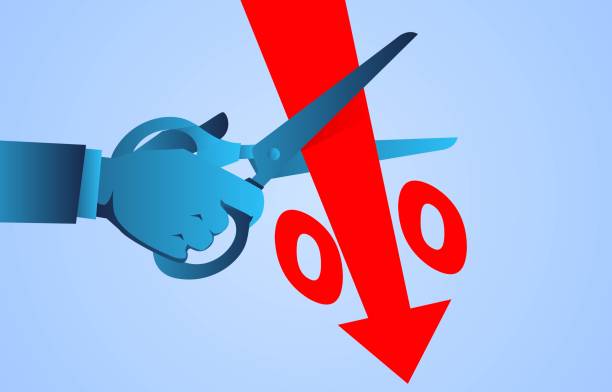 illustrazioni stock, clip art, cartoni animati e icone di tendenza di ridurre il volume di produzione e la capacità produttiva, la catena industriale economica globale è bloccata e l'economia declina - interest rate percentage sign moving down sadness