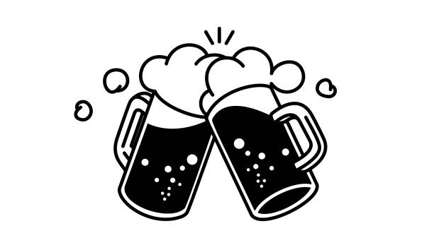 zwei bierkrüge toasten. weiße und schwarze illustration. - bierglas stock-grafiken, -clipart, -cartoons und -symbole