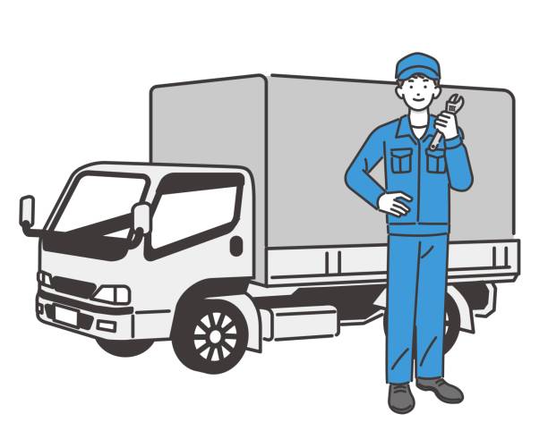 ilustrações, clipart, desenhos animados e ícones de ilustração vetorial de mecânico de automóveis com caminhão e ferramentas material / carro / inspeção veicular / reparo - truck semi truck pick up truck car transporter