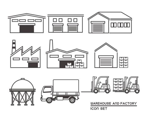 illustrazioni stock, clip art, cartoni animati e icone di tendenza di materiali illustrativi vettoriali per magazzini, fabbriche, camion, carrelli elevatori, ecc./fabbrica/magazzino/trasporto/trasporto/semplice/silhouette - lumber industry timber truck forklift