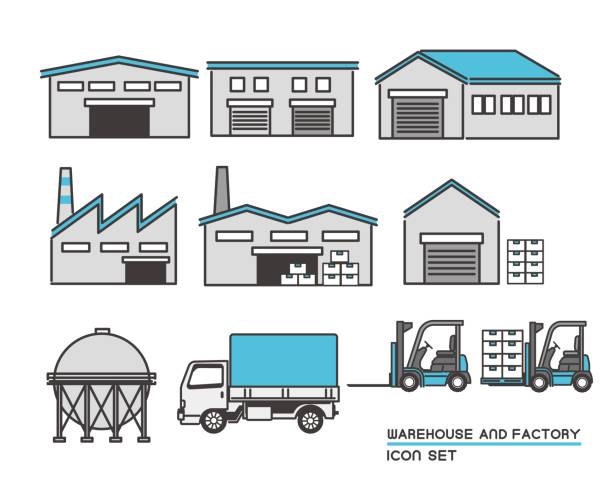vector illustration materials for warehouses, factories, trucks, forklifts, etc./factory/warehouse/transportation/transportation/simple/silhouette - fabrika illüstrasyonlar stock illustrations