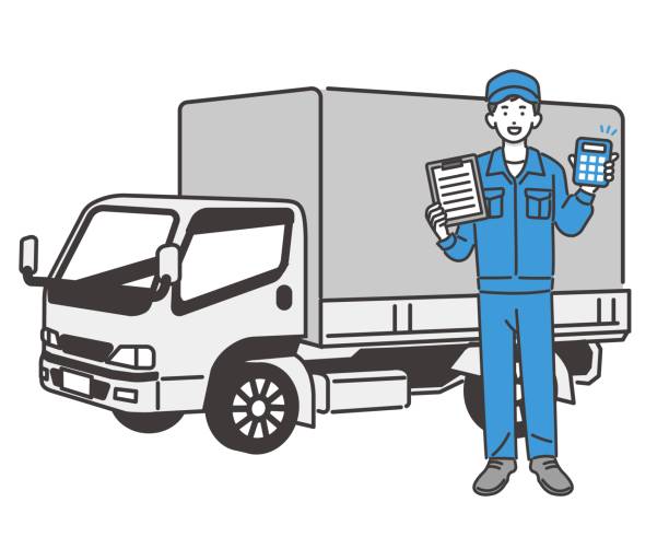 ilustracja wektorowa / przegląd samochodu / pojazdu / naprawa mechanika samochodowego, który szacuje z ciężarówką - truck semi truck pick up truck car transporter stock illustrations