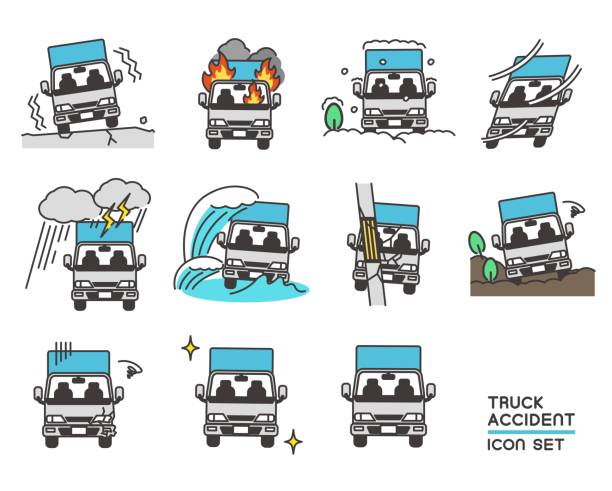 katastrofy i wypadki ciężarówek materiał ilustracyjny / niebezpieczeństwo / naprawa - truck semi truck pick up truck car transporter stock illustrations