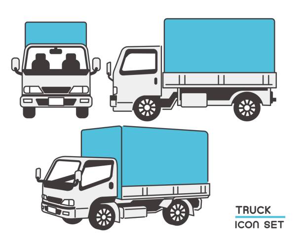 ilustraciones, imágenes clip art, dibujos animados e iconos de stock de material de ilustración vectorial de camión simple de varios ángulos / automóvil / transporte / entrega a domicilio - distribution warehouse illustrations