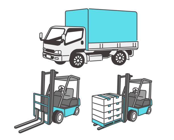ilustracje wektorowe ciężarówek i wózków widłowych materiał / fabryka / magazyn / transport / transport / prosty / materiał - truck semi truck pick up truck car transporter stock illustrations
