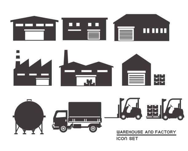 ilustrações, clipart, desenhos animados e ícones de materiais de ilustração de vetores para armazéns, fábricas, caminhões, empilhadeiras, etc./fábrica/armazém/transporte/transporte/simples/silhueta - truck semi truck pick up truck car transporter