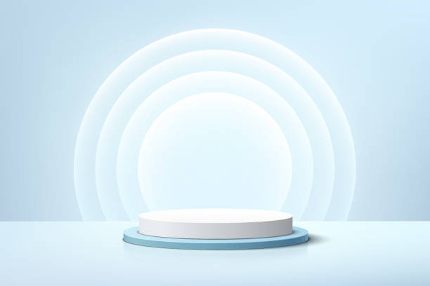 Realistic 3D white cylinder pedestal podium with glowing layers neon circle backdrop. Vector abstract studio room with geometric platform. Blue minimal scene for products showcase, Promotion display. Realistic 3D white cylinder pedestal podium with glowing layers neon circle backdrop. Vector abstract studio room with geometric platform. Blue minimal scene for products showcase, Promotion display. platform stock illustrations
